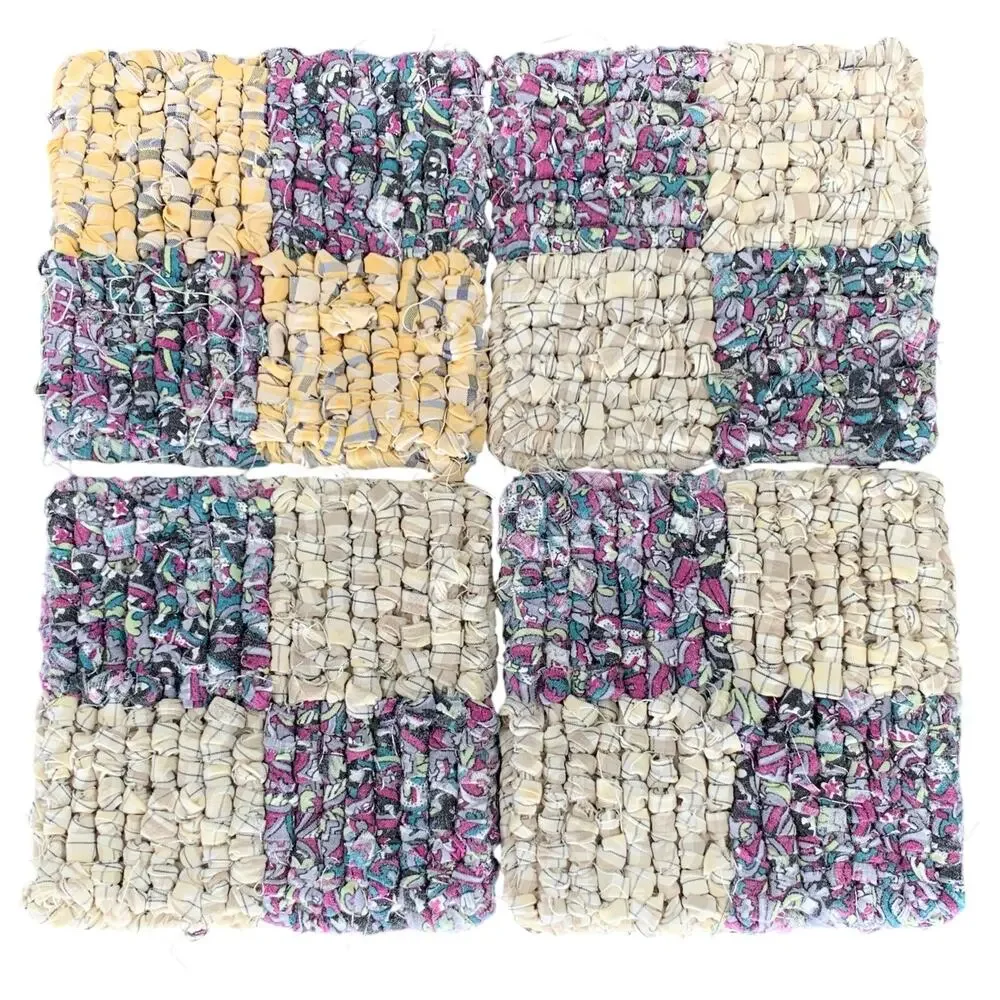 Drink Coaster Set Locker Hooking Handmade Yellow Purple Fabric Square Coasters